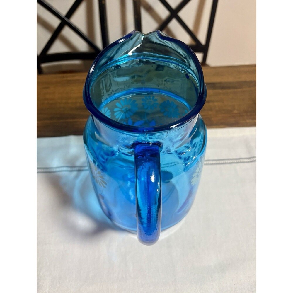 Vintage Mid Century Libbey Blue Glass Pitcher Rain Flower Daisy Floral 10” Vase - Picture 2 of 7